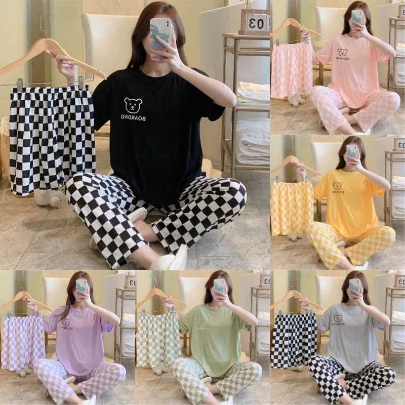 3PcsSet Sexy Pajamas Womens Short Sleeve Cartoon Bear Girls Student Pajamas Homewear Round Neck Letter Plaid Ladies Solid ColoT251014
