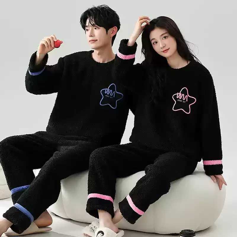 Coral Fleece Autumn and Winter Couple Pajamas Fleecelined Thickened Cartoon Sweet Flannel Winter Homewear Women Men NightwearT251014