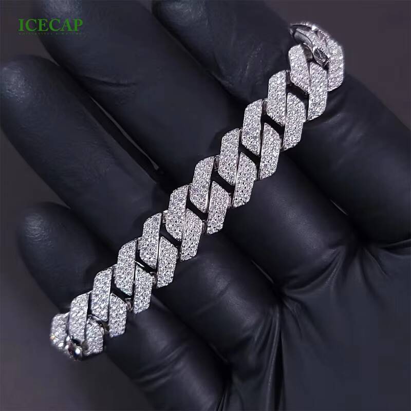 14mm 2 Rows High Quality D Color Moissanite Bracelets Pass Diamond Tester 925 Silver Hiphop Style Cuban Bracelet