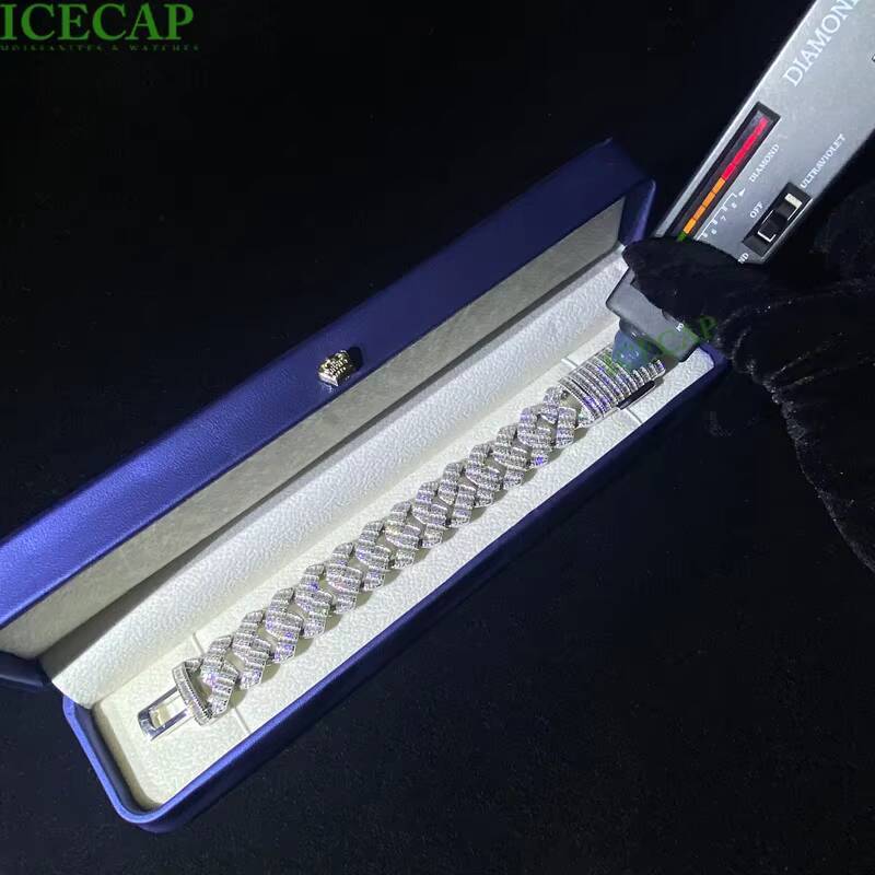 Mens 925 Sterling Silver Cuban Link Chains Bracelet VVS Iced Baguette Hip Hop Style Moissanite Miami Passes Diamond Tester