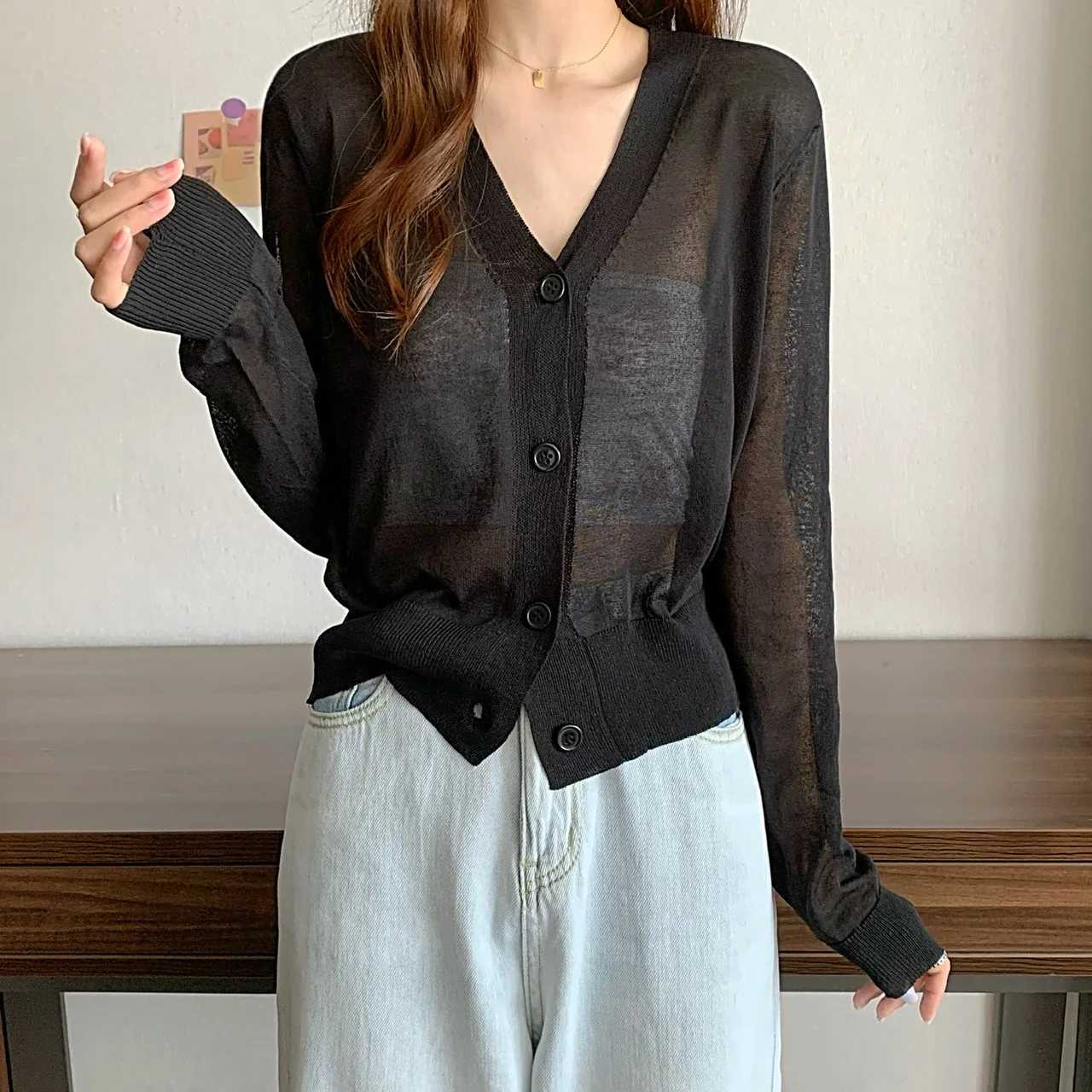 Summer V Ne Cardigan Women Casual Transparent Sweater Shirts Lady Simple in Solid Outwear Female Crop Top W251014