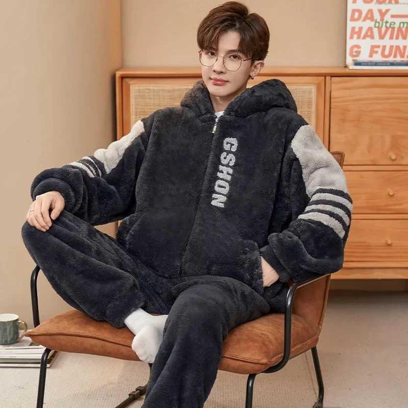 Mens Sleepwear Coral Fleece Winter Thickened Hooded Flannel Home Clothes Youth Autumn Winter Warm Cozy Pajamas Set Y251013