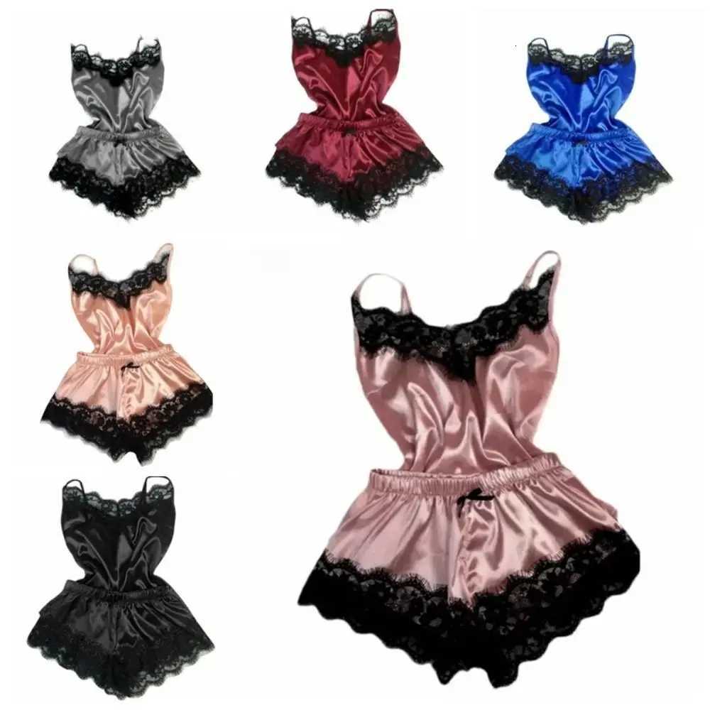Fashion Bowknot Lace Pajama Suit Sleeveless Satin Ice Silk Two Pieces Nightwear Women Homewear Loose Lace Sleepwear Sets HomeT251014