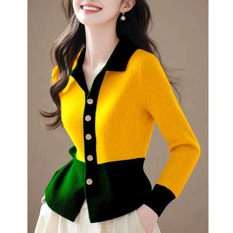 2024 Patchwork New Autumn Winter Knitting Cardigan Sweater Coat Fashion Allmatch Long Sve Temperament Top Tee Womens W251014