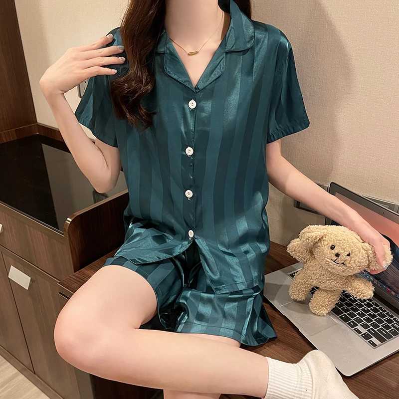 Silk Pajamas Women Summer Short Sleeve Shorts Suit Solid Satin Thin Ladies Large Size Casual Luxury Cardigan Homewear Sexy PjsT251014