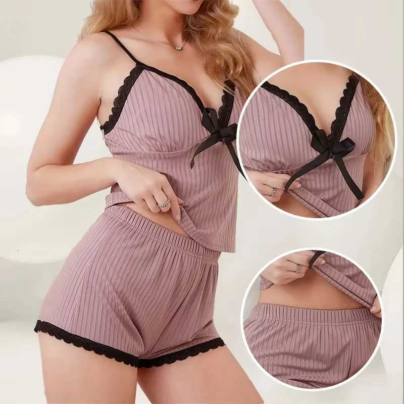 New Womens Sexy Ribbed Pajama Set Lace Trim Cami Top and Shorts Two Piece Sleepwear Loungewear V Neck with Bow Spaghetti StrapT251014