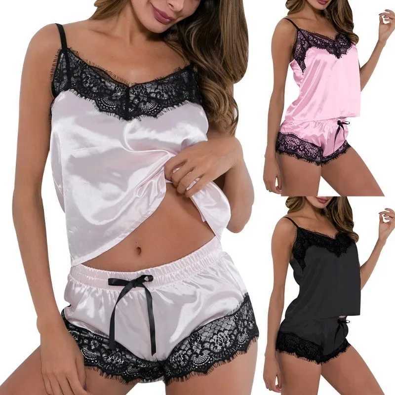 Womens summer pajamas sexy sleeveless pajama set lace suspender shorts homewear twopiece set romantic sexy sleepwearT251014