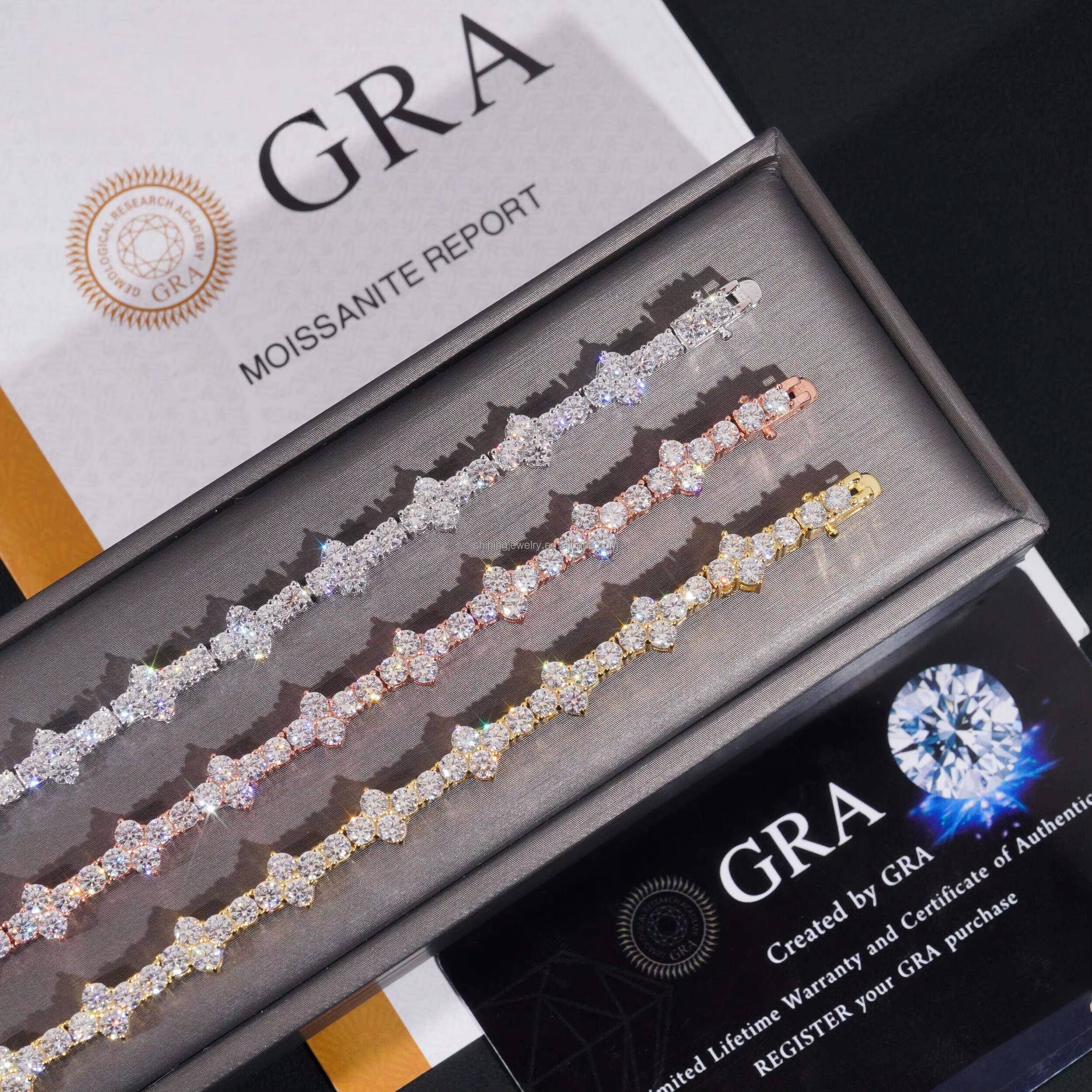 Stylish New Arrival Fashion Femme Design 925 Silver VVS Moissanite Diamond Iced Out Four Leaf Clover Cross Tennis Chain Bracelet