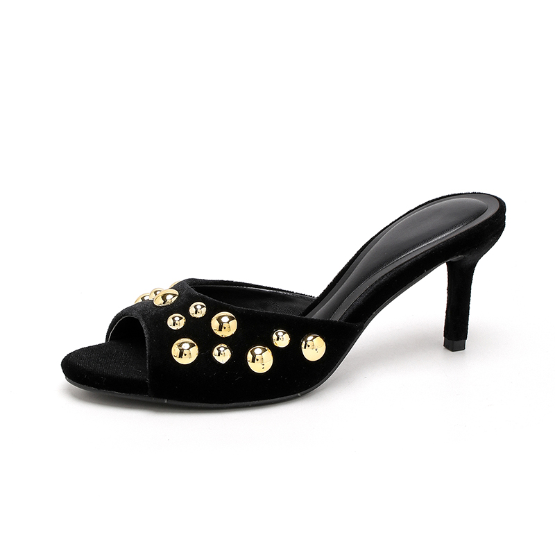 Women's Fashion Black Velvet Studded Stiletto Heel Mules - Elegant Round Toe Slip-On High Heels-6117