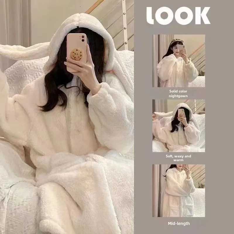 Winter Fluffy Rabbit Ear Hooded Pajamas Womens New HighEnd Thickened Warm Flannel Robe Home Clothes Y251013