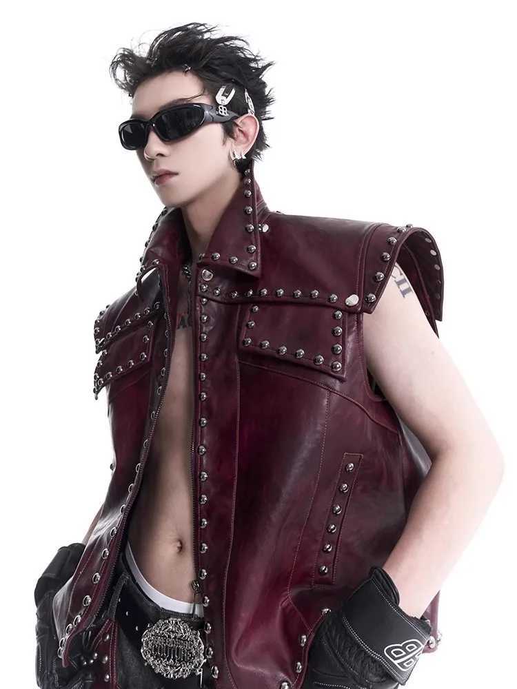 Mauroicardi Spring Autumn Cool Distressed Vintage Pu Leather Sleeveless Jacket Men Rivet Luxury Designer Punk Style Clothes Vest J251014