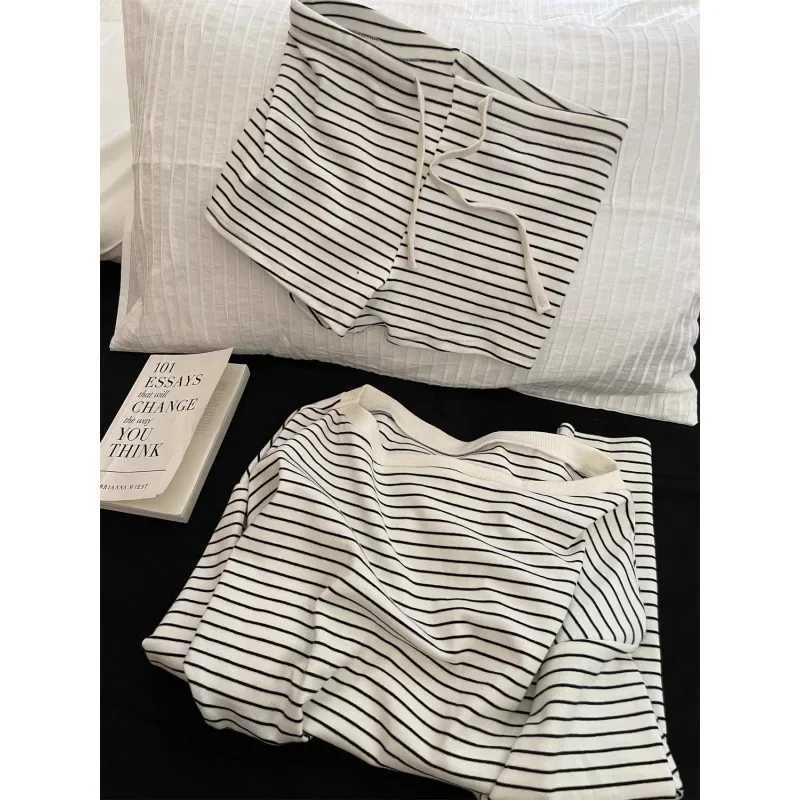 Summer New Lazy Stripe Casual Sleepwear Short Sleeve Long Sleeve Home Clothes Set for Women Comfortable Breathable PajamasT251014