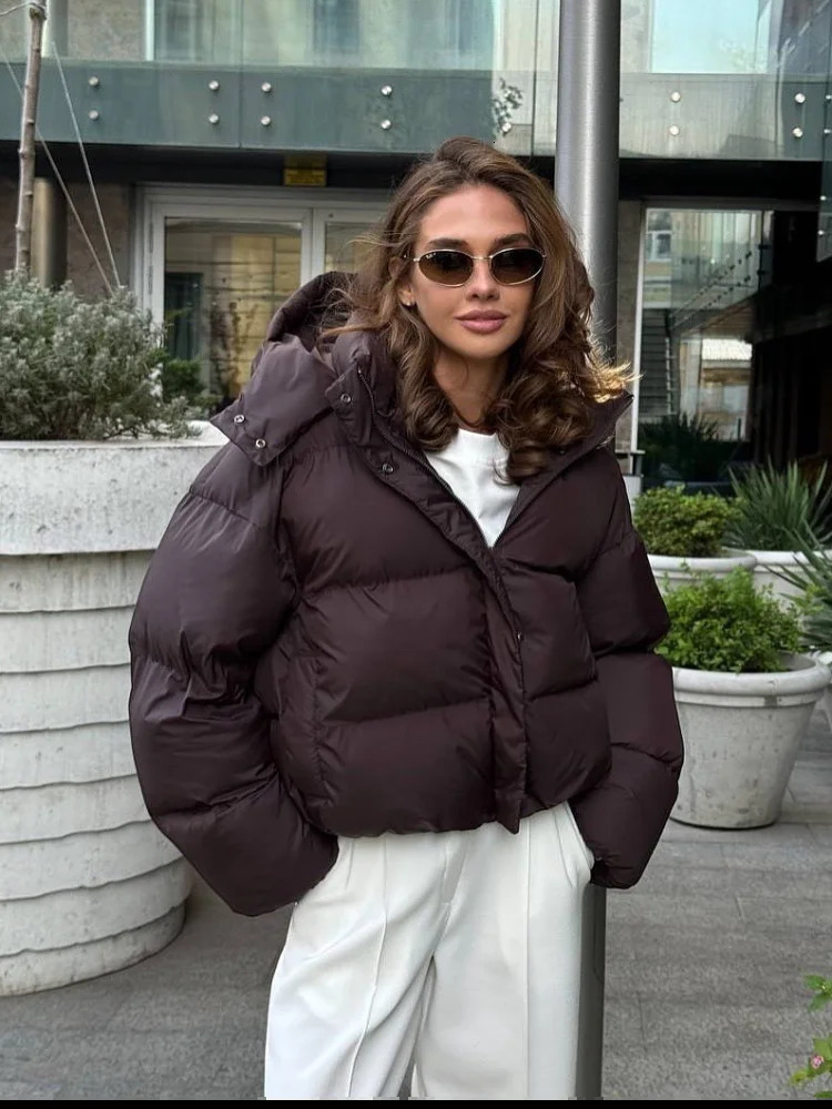 Brown Hooded Cotton Coat Women Lapel Full Sleeve Zipper Button Warm Loose Short Coats Lady Fashion Winter Casual Street Outwear 251011
