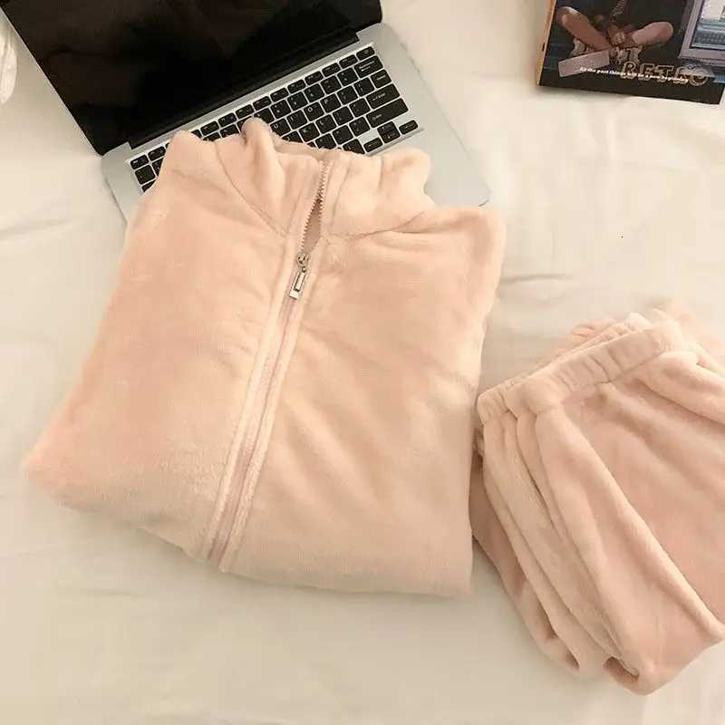 Fleece Sleepwear Women Zipper Pajama Sets Winter Piiama Warm Pants Sets 2 Pieces Solid Night Wears Long Sleeve Korean Home Suit Y251013