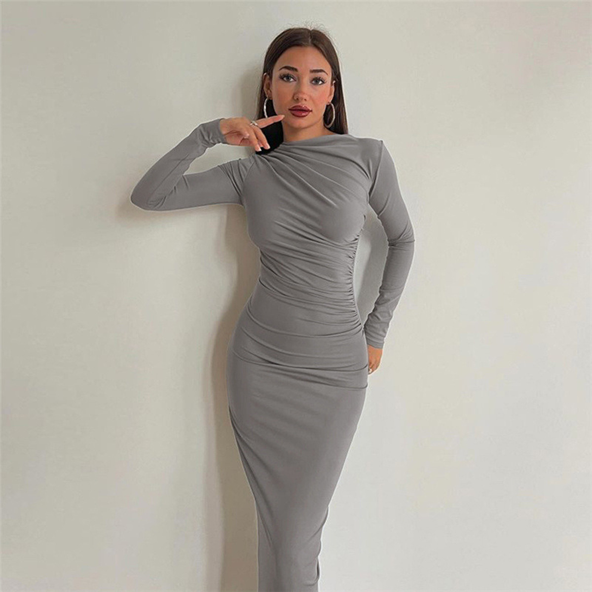 D1014European and American cross-border slim-fitting high-end solid color temperament long hip-wrapped dress for women
