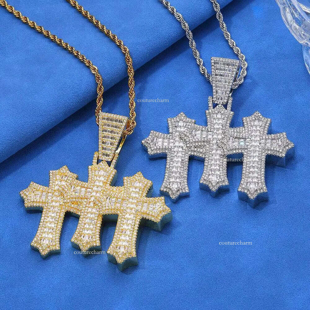 Hip Hop New Style Sterling Sier Sparkle VVS Iced Out Men Moissanite Jewelry Pendant Chain Link Triple Cross Charm