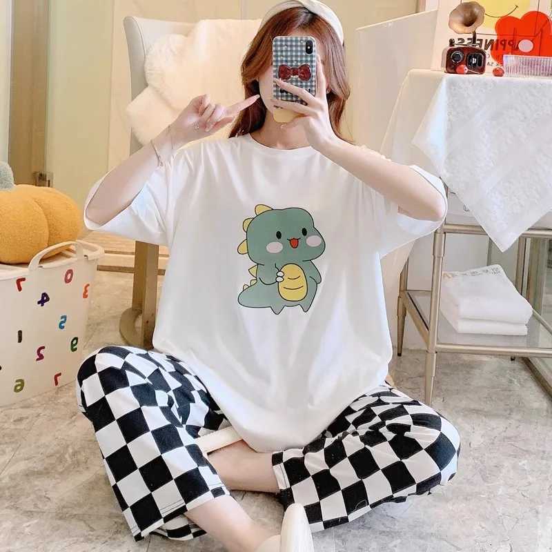 Pyjamas Set for Women Short Sleeves Long Trousers Student Pajamas TwoPiece Round Neck Pullover Plaid Trousers Easy to Clean LadT251014