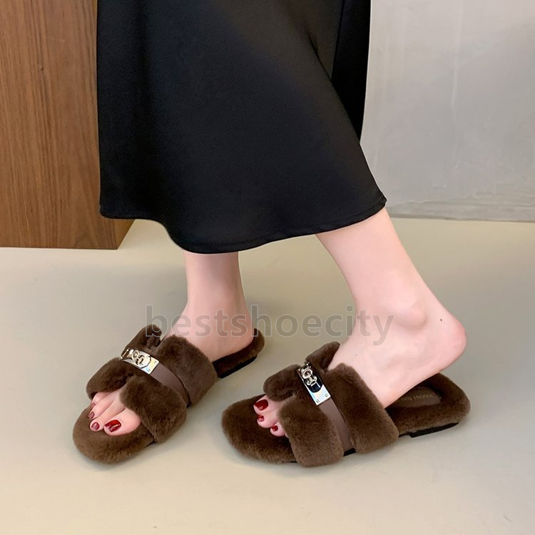 Womens Chic buckle sandals Comfortable Ladies Plush-Fur Interior slides flat slippers Outdoor Indoor Soft house shoes Size 35-40