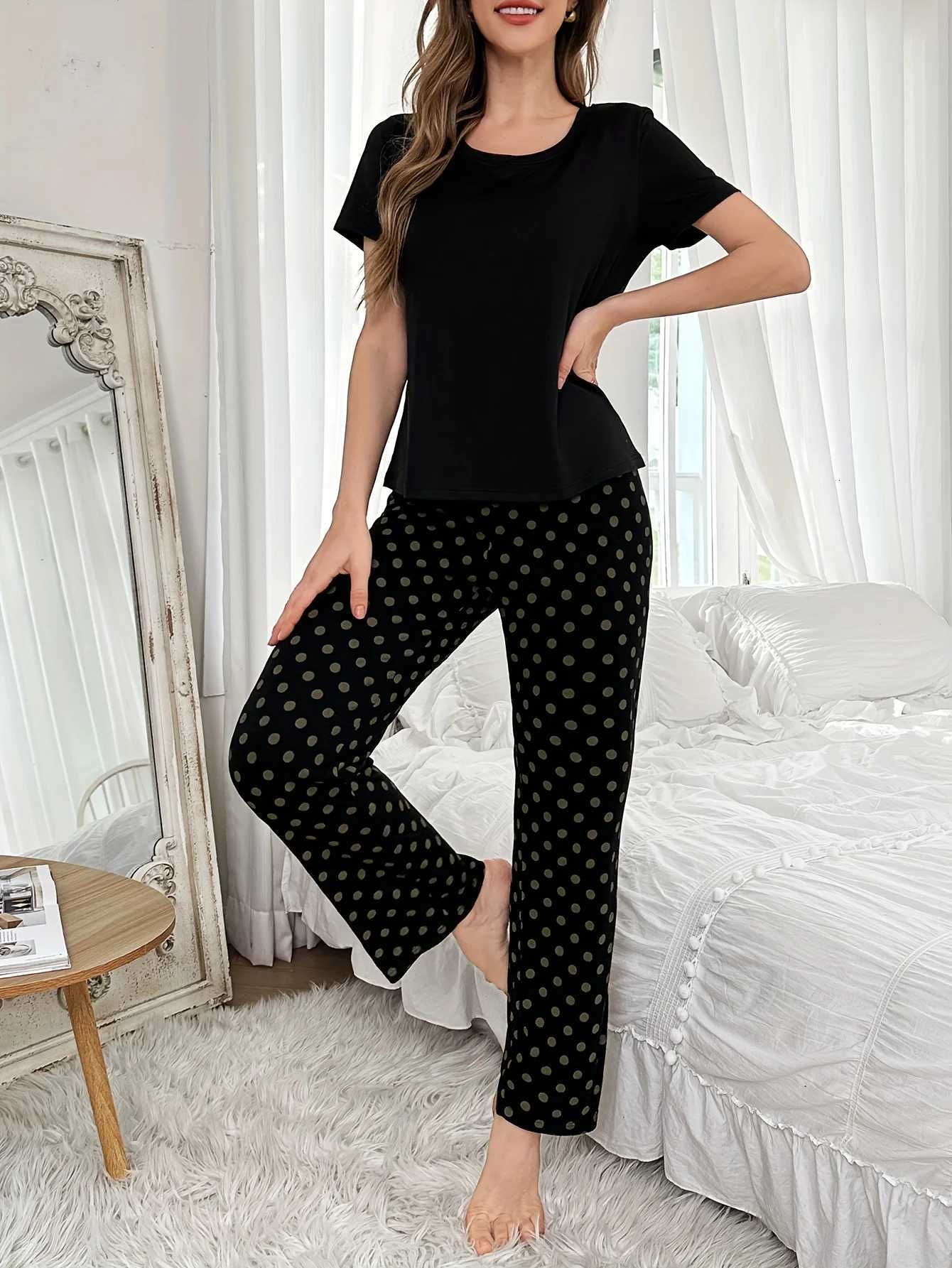2Piece Womens Pajama Set Polka Dot Print ShortSleeved Pants SetT251014