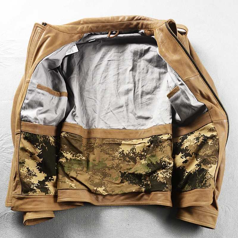 Khaki Autumn Leather Jacket Men Safari Style Plus Size 5XL Genuine Natural Cowhide Four Pockets M65 Leather Coat J251014