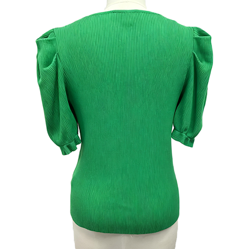Women's T-Shirt Women's Green Ribbed Short - Sleeve Puff - Shoulder Pullover Top, Chic and Comfortable AS24-0805