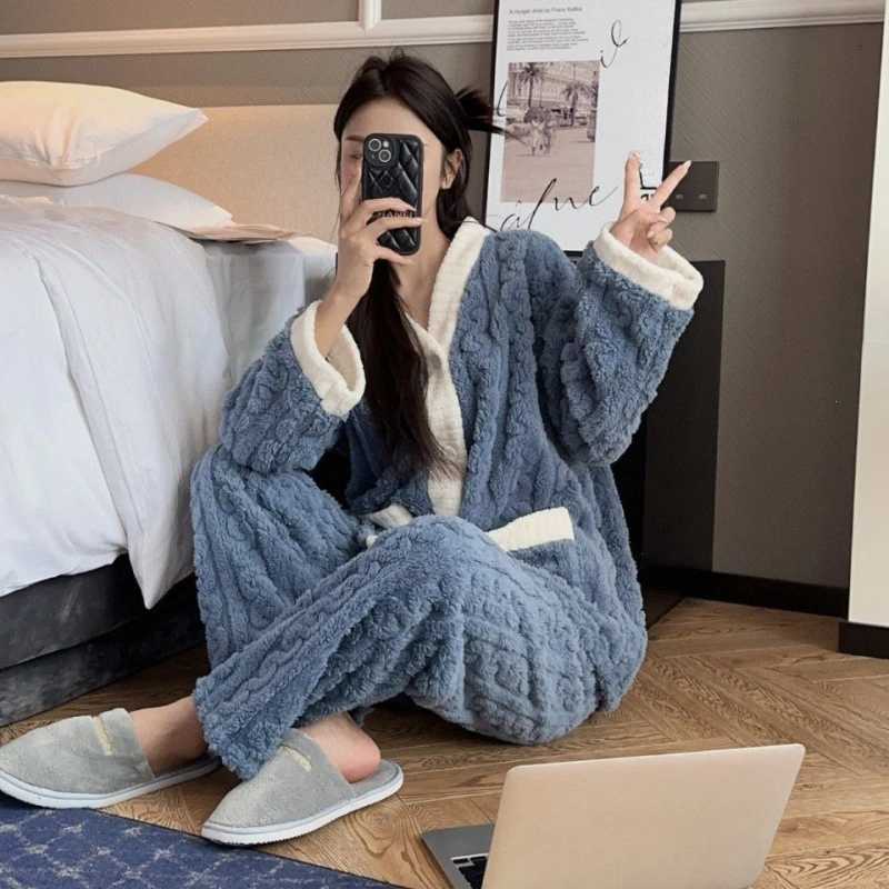 2pcsSet Autumn and Winter Pajamas Women Thickened Padded Warm Students Coral Girls Clot Velvet Suit Homewear Cardigan TrousersT251014