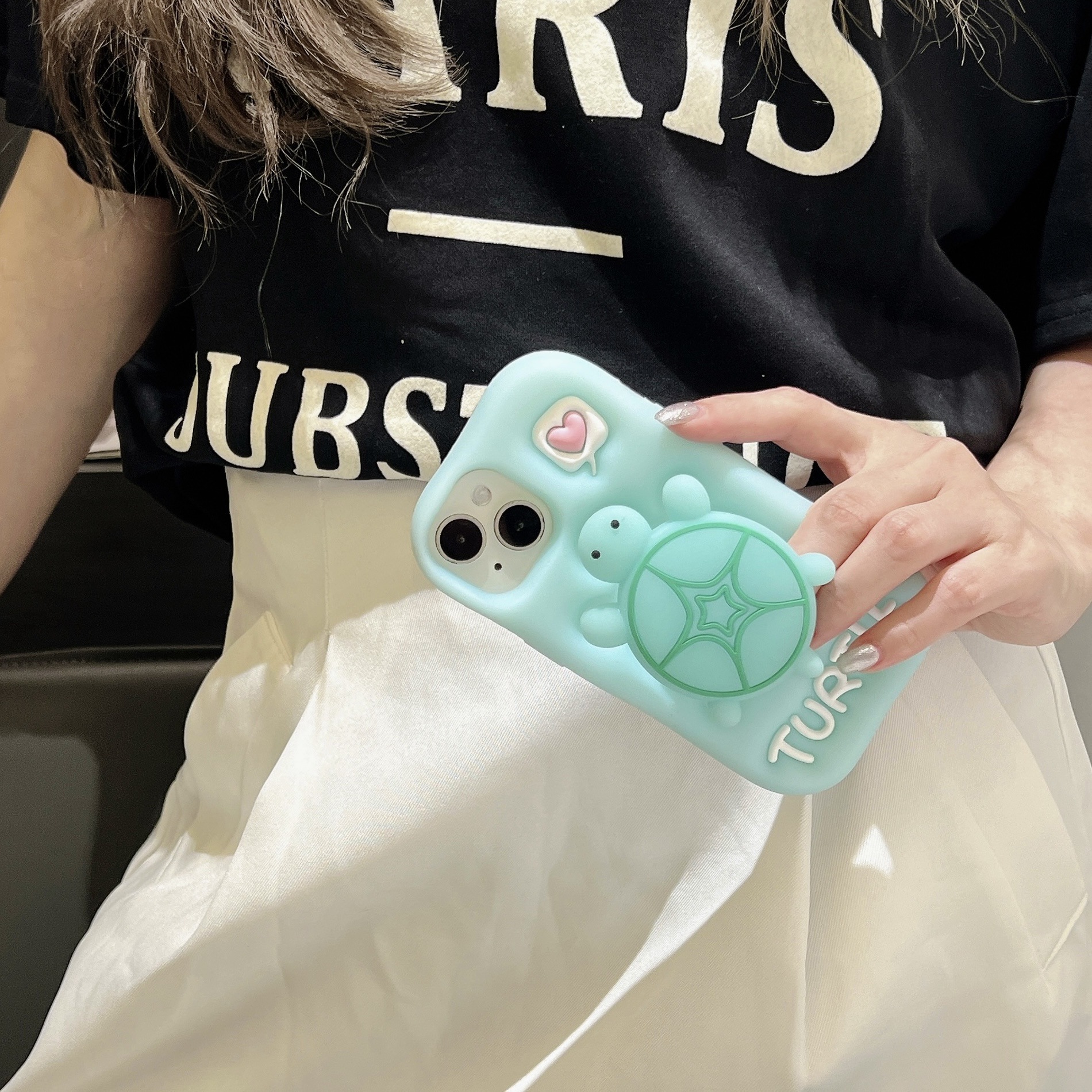 Cute 3D Luminous Stand Turtle Glowing Phone Case for iPhone 16 Pro Max - Stand & Grip with Turtle Glowing Design - Girly Aesthetic Kawaii Soft Silicon