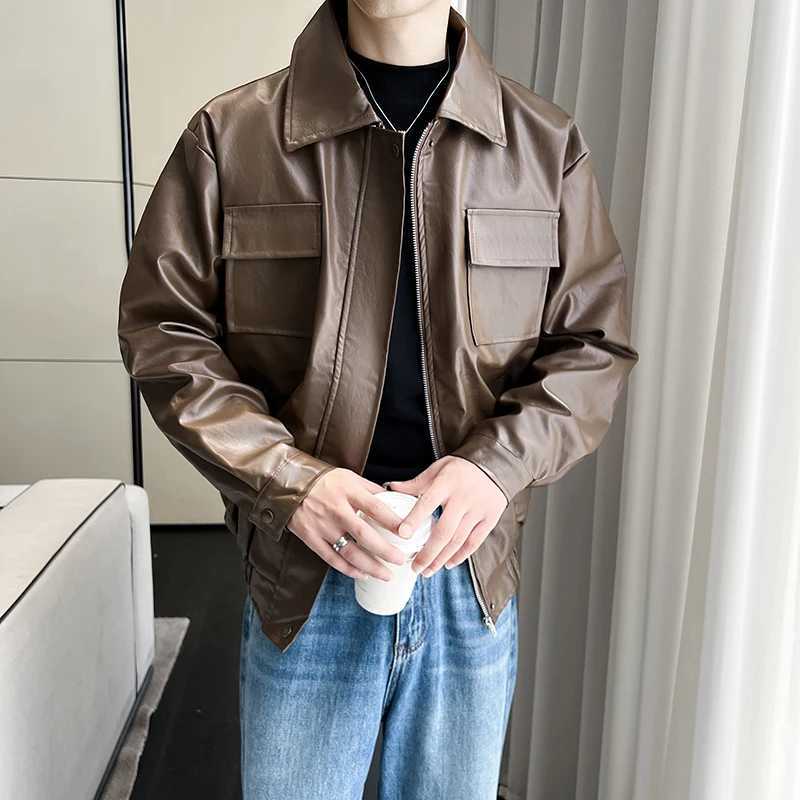 Highquality mens PU leather solid color windproof waterproof jacket daily fashion casual outerwear zipper leather jacket J251014