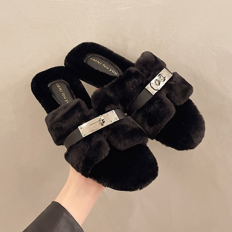designer slides stylish flats slippers comfortable soft fluffy winter womens sandals chic buckle outdoor home shoes size 35-40