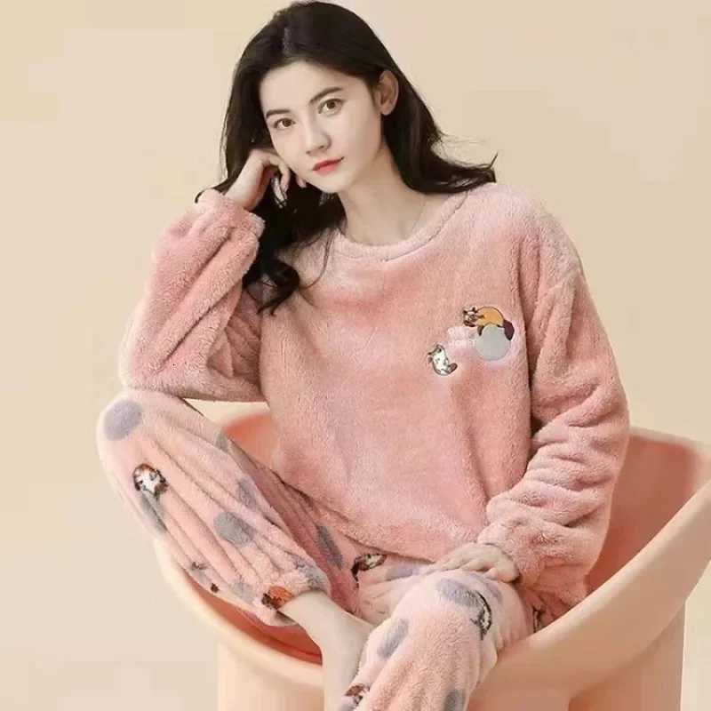 Thickened Warm Flannel Women Sleepwear Coral Velvet Pajamas Autumn Winter Cute Cartoon Bear Padded Two Sets Nightwear CasualT251014