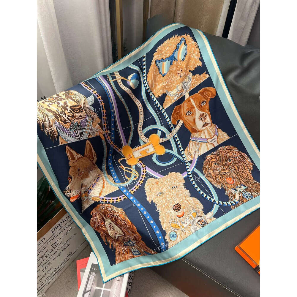 90*90Cm 25Ss Brand Designer Silk H Women Shawl Double Sided 100% Mulberry Twill Headscarf Dog Pattern Four Seasons Silk Scarf Gift