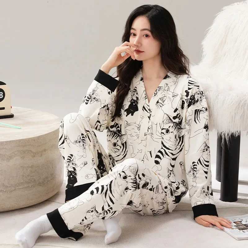 AutumnWinter Womens Long Sleeve Cotton Pajama Set With Chest Pad VNeck Design Cartoon Print Plus Size Home ClothingT251014