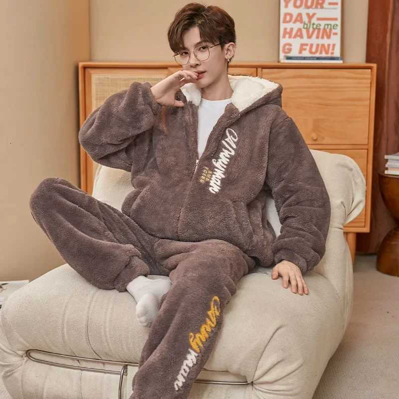 Mens Sleepwear Coral Fleece Winter Thickened Hooded Flannel Home Clothes Youth Autumn Winter Warm Cozy Pajamas Set Y251013