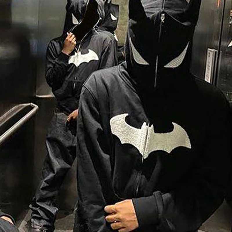 Gothic Bat Cartoon Flocking Print Hoodie Hip Hop European American Personality Rock Fashion Street Men Full Zipper Sweatshirt J251203