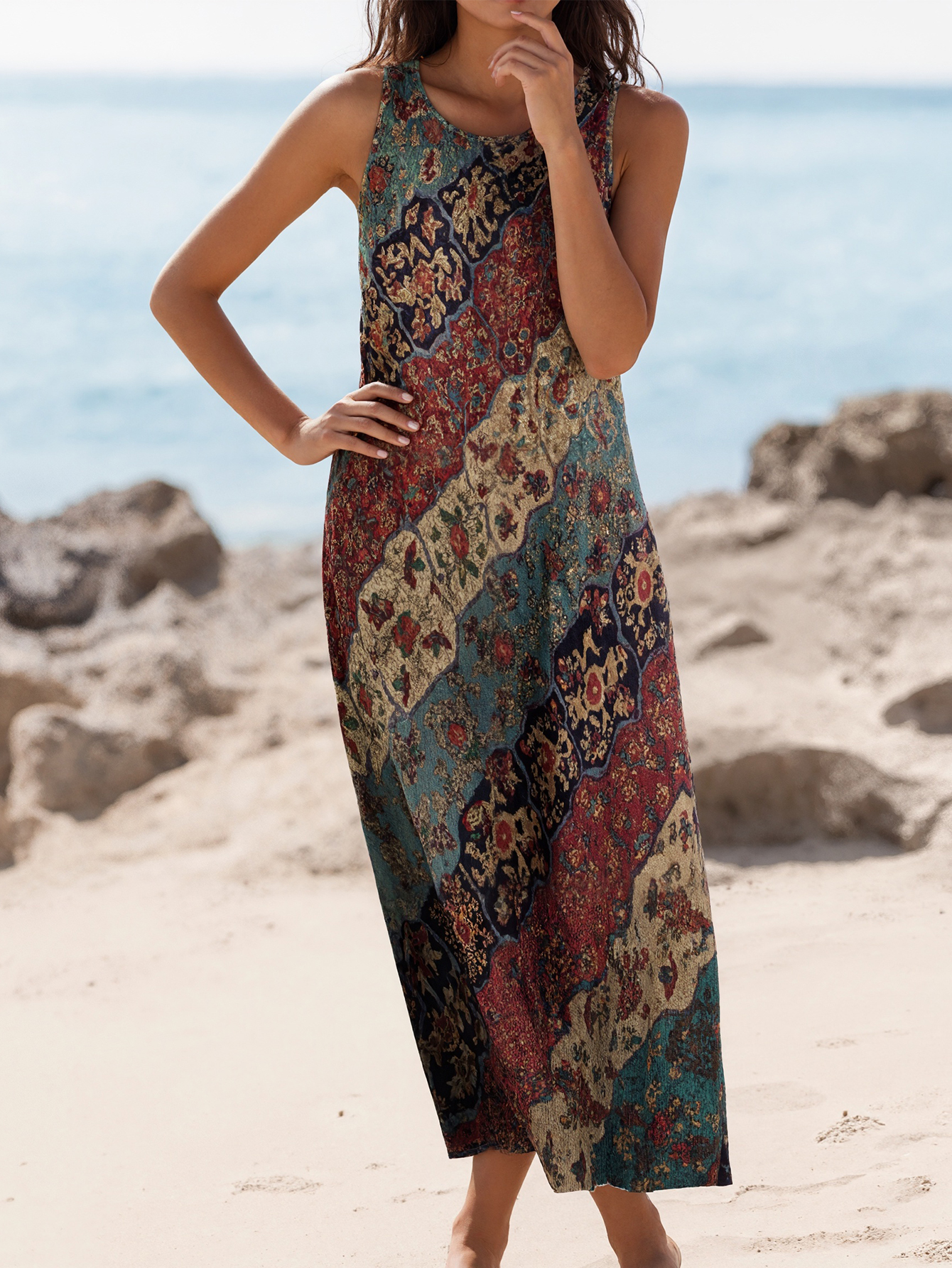 Women's Spring Summer New Retro Printed Versatile Ethnic - Style Midi Dress - Travel, Vacation & Daily Office Wear-CF51104