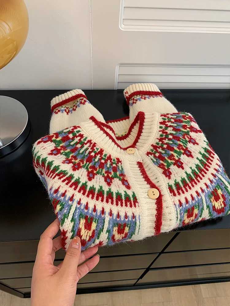 c Jacquard Knitted Sweater For Women Autumn Winter Round Ne Singlebreasted Cardigan Casual Short Outerwear W251014