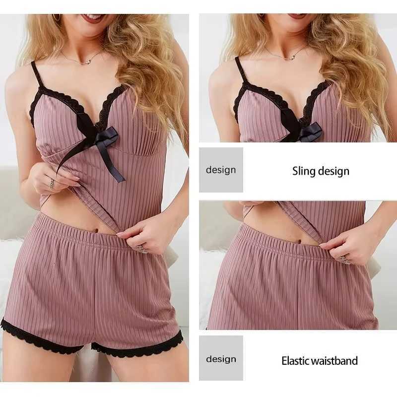 New Womens Sexy Ribbed Pajama Set Lace Trim Cami Top and Shorts Two Piece Sleepwear Loungewear V Neck with Bow Spaghetti StrapT251014
