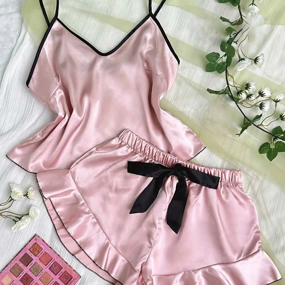 Womens Smooth Satin Pajamas VNeck TShirt Ruffled Edges And Bow Shorts Simple And Breathable Pajama Set Sling Home ClothingT251014