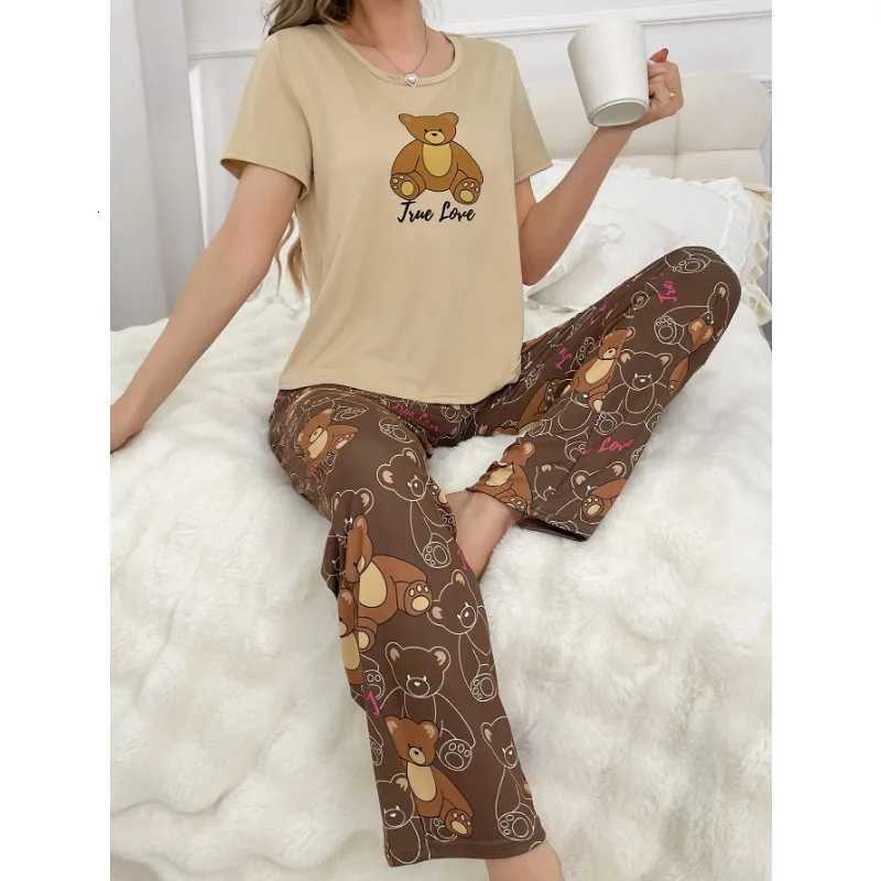 Womens Pajamas Set Short Sleeve Top And Pants Sleepwear 2 Piece Set Women Cute Print Casual Breathe Homewear AutumnT251014