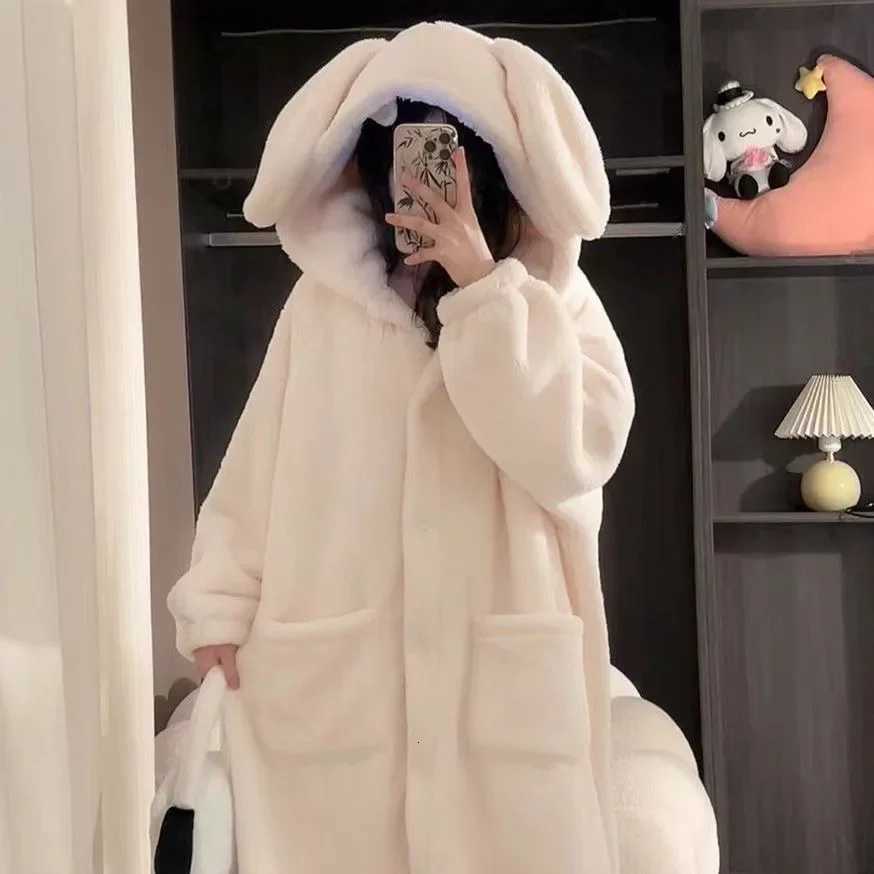 Winter Fluffy Rabbit Ear Hooded Pajamas Womens New HighEnd Thickened Warm Flannel Robe Home Clothes Y251013