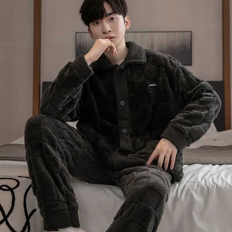 2Pcsset mens pajamas autumn and winter padded and thickened warm longsleeved trousers coral fleece homewear mens clothing Y251013