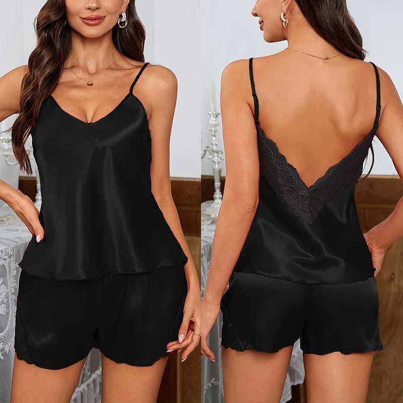 Sexy Pajama Sets Backless Deep V Lace Luxury Sleepwear Soft Satin Pajamas Set for Women Comfortable Short Sleeve Cami ShortsT251014