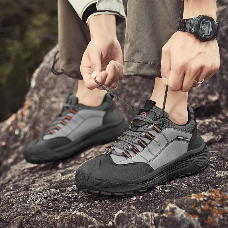 Outdoor Mens Hiking Shoes Comfy Leather Trekking Sneakers Man Laceup Platform Camping Shoes For Men AntiSlip Walking Shoes C251014