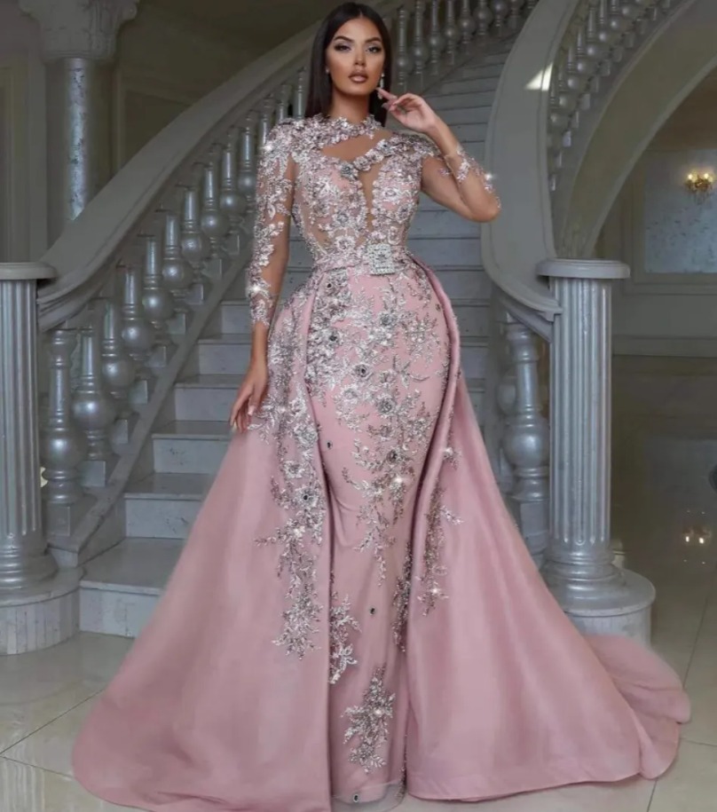 Silver Lace Beaded Mermaid Prom Dresses Appliques Formal Evening Party Gowns Full Sleeves Detchable Train Pink Special occasion Dress Vestidos de gala