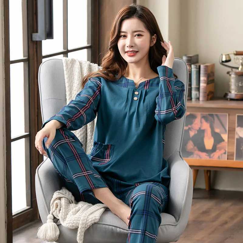 Pyjamas Female Lattice Stitching Soft Cotton Fashion Women Long Sleeve Pajamas Set 2Pieceset Sexy Spring Home Lounge Gift XXXXLT251014