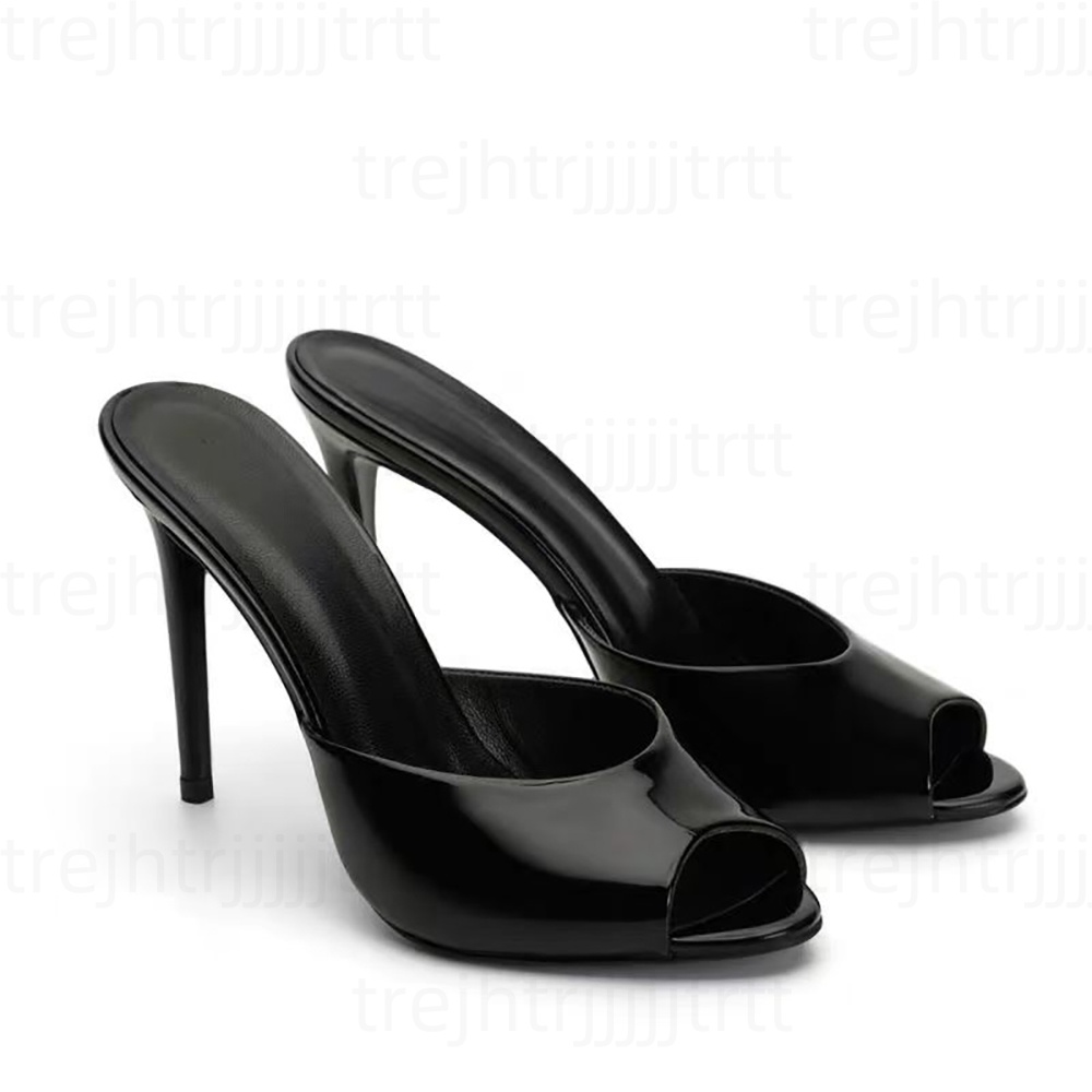 Fashion Runway Women 105mm Mules Designer Patent Leather Peep-Toe High Heel Mules Luxury Slides Genuine leather sole SIZE 34-42 quality Sexy party high heels