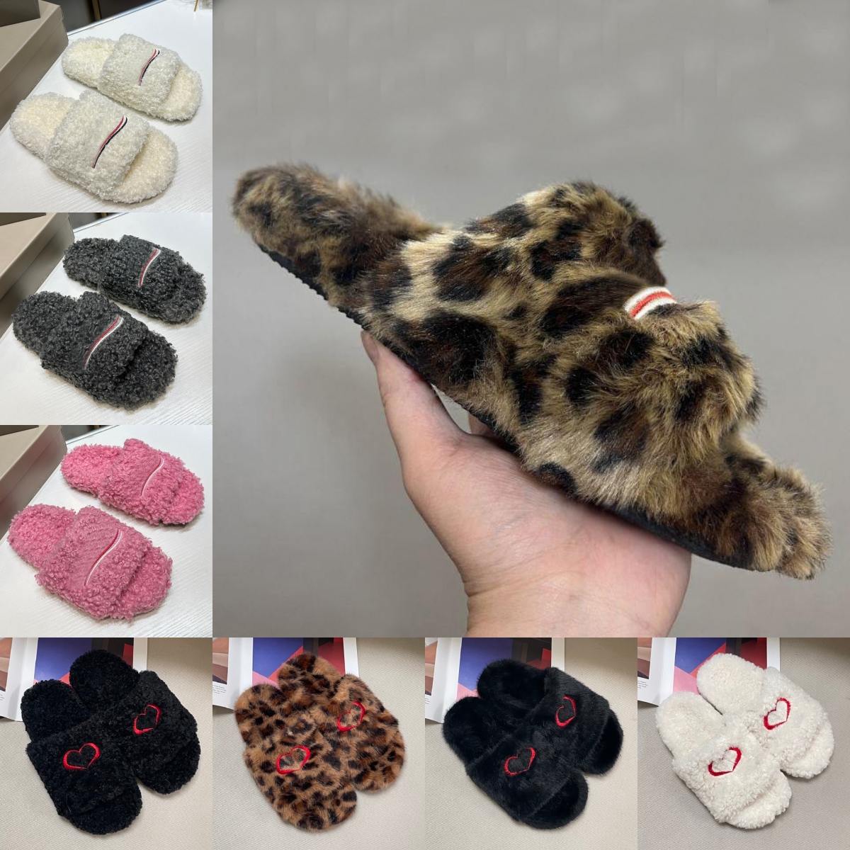 Furry Slippers Men Women Luxury Designer Sandals Lady Fashion Wool Fur Fluffy Letters Slides Black White Pink Orange Dark Grey Leopard Warm Fuzzy Flip Flops Scuffs