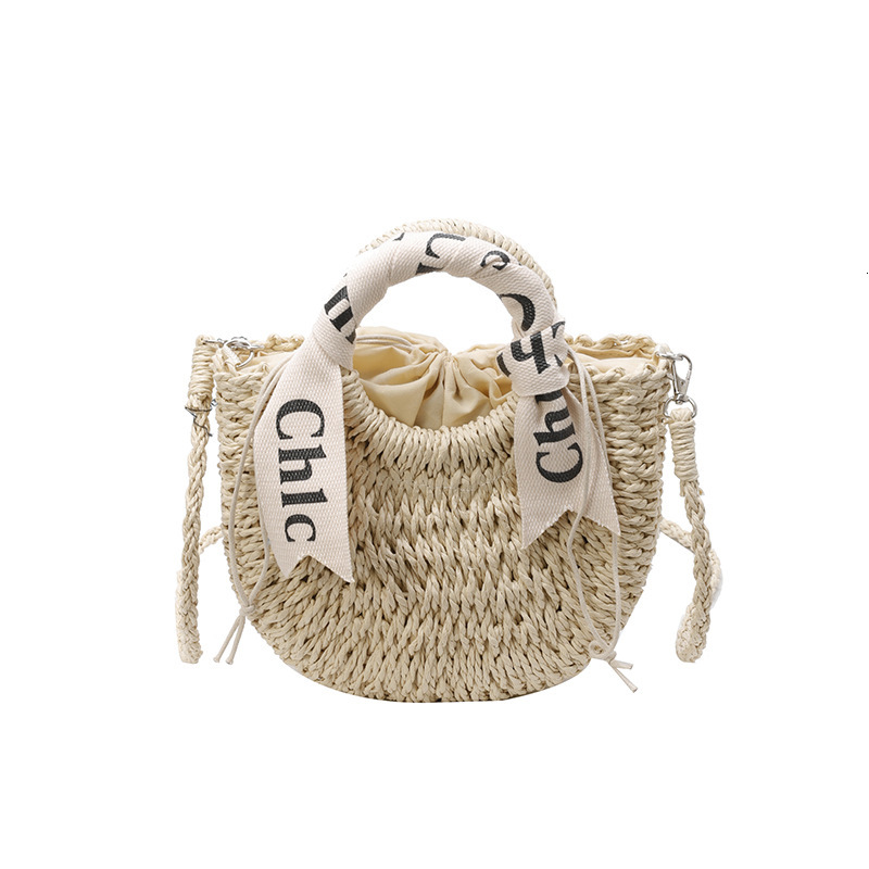 designer bag Letter Scarf Strap Woven Women's Straw Vacation Handbag Round Bucket Bag Beach