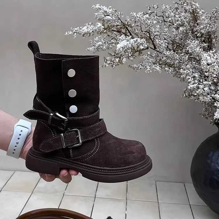 Girls Belt Buckle Design Motorcycle Boots 2025 Spring and Autumn New British Style Thick Heel Lightweight Midsole Boots C251014