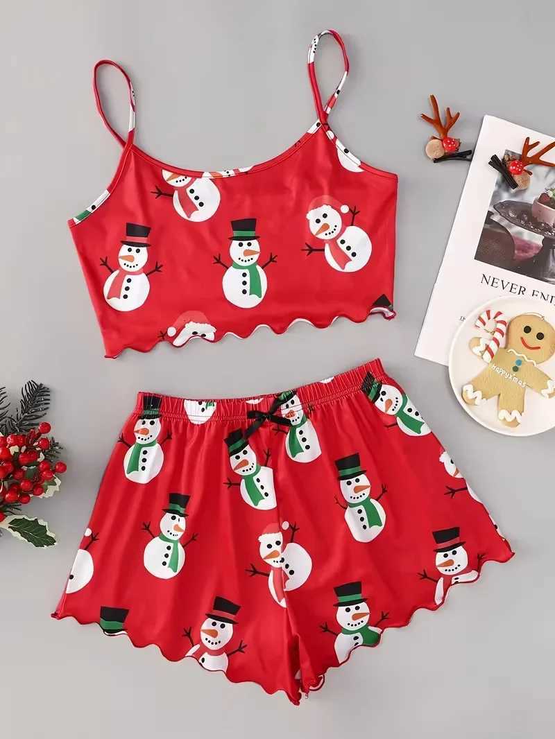 Christmas Snowman Print Pajama Set Womens Spaghetti Strap Crew Neck Top and Shorts 2PCS Sleepwear LoungewearT251014